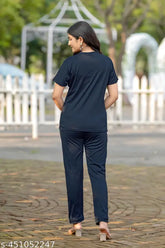 Printed polycotton women's solid night suit set with short sleeves, country of origin: India